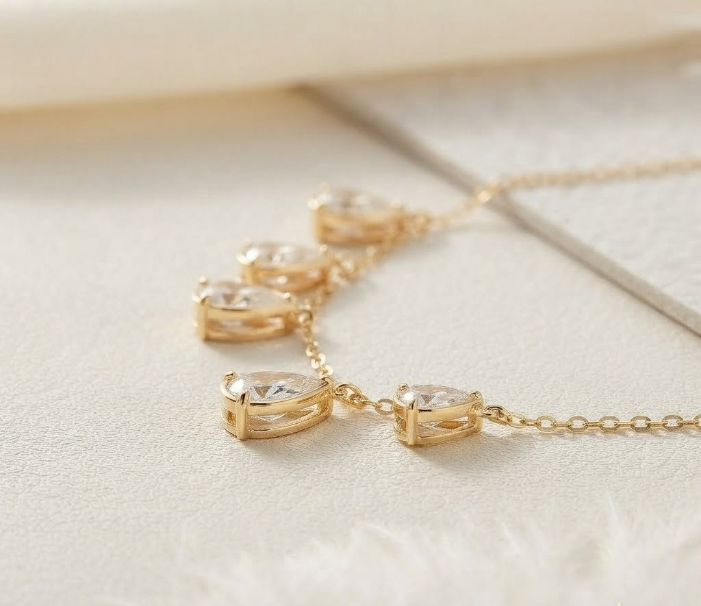 Gold Tone Pear Cut Moissanite Chain Necklace For Women In 925 Sterling Silver
