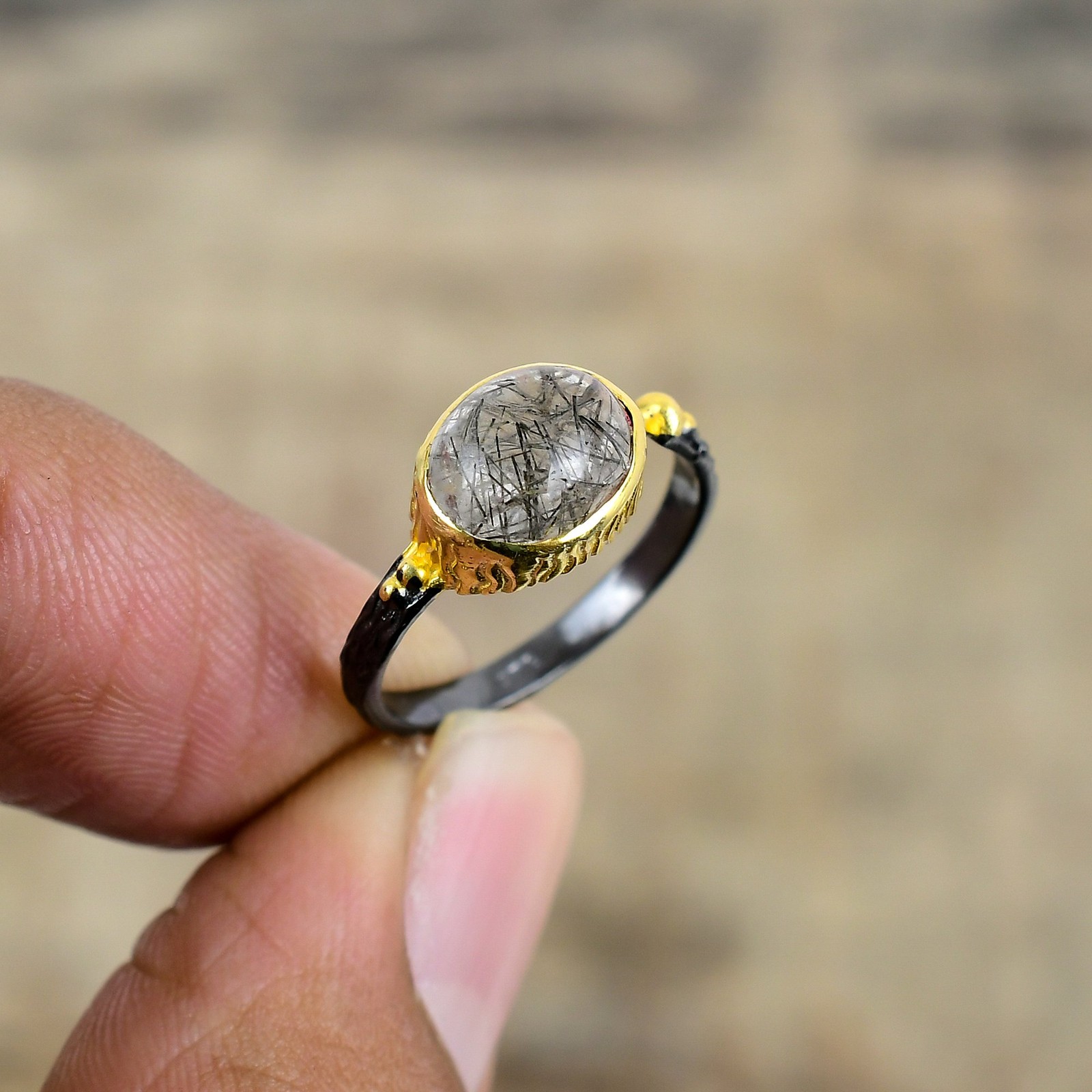Black Rutilated Quartz – Brazil 925 Sterling Silver Ring S.Adjustable R87136