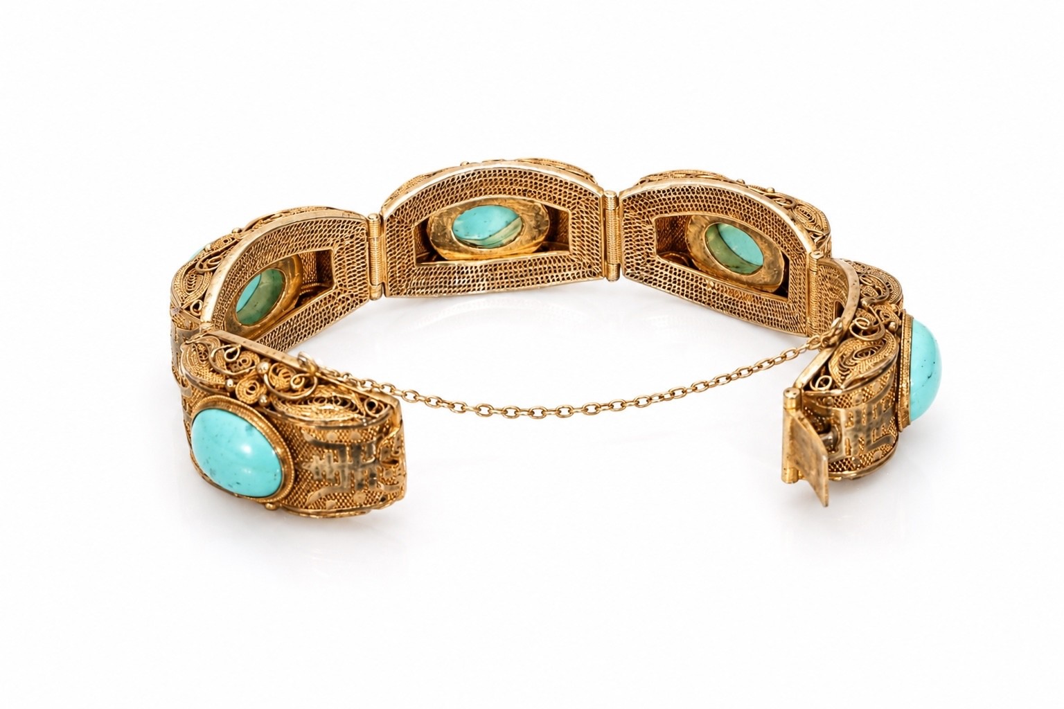 Vintage Chinese Gilt Filigree Silver Turquoise Cabochons Bracelet