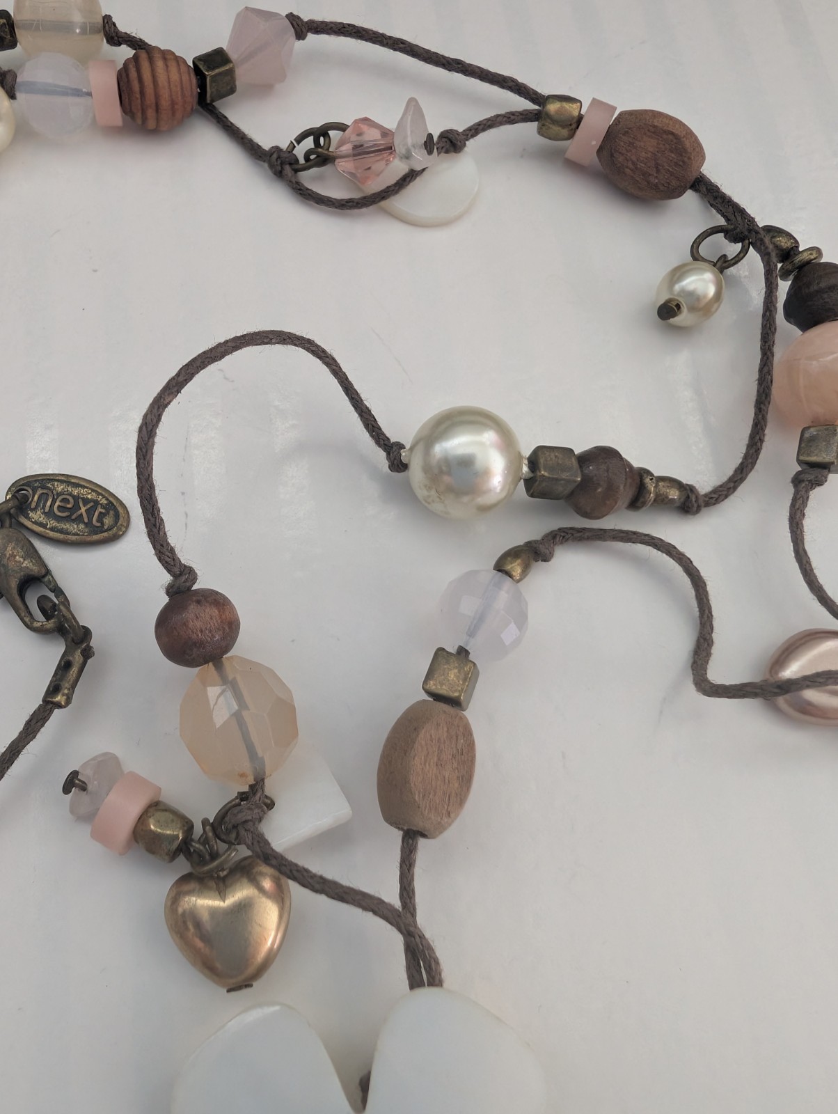 Next Signed Floral Heart Faux Crystal Pearl Wood Beaded Tassel Pendant Necklace