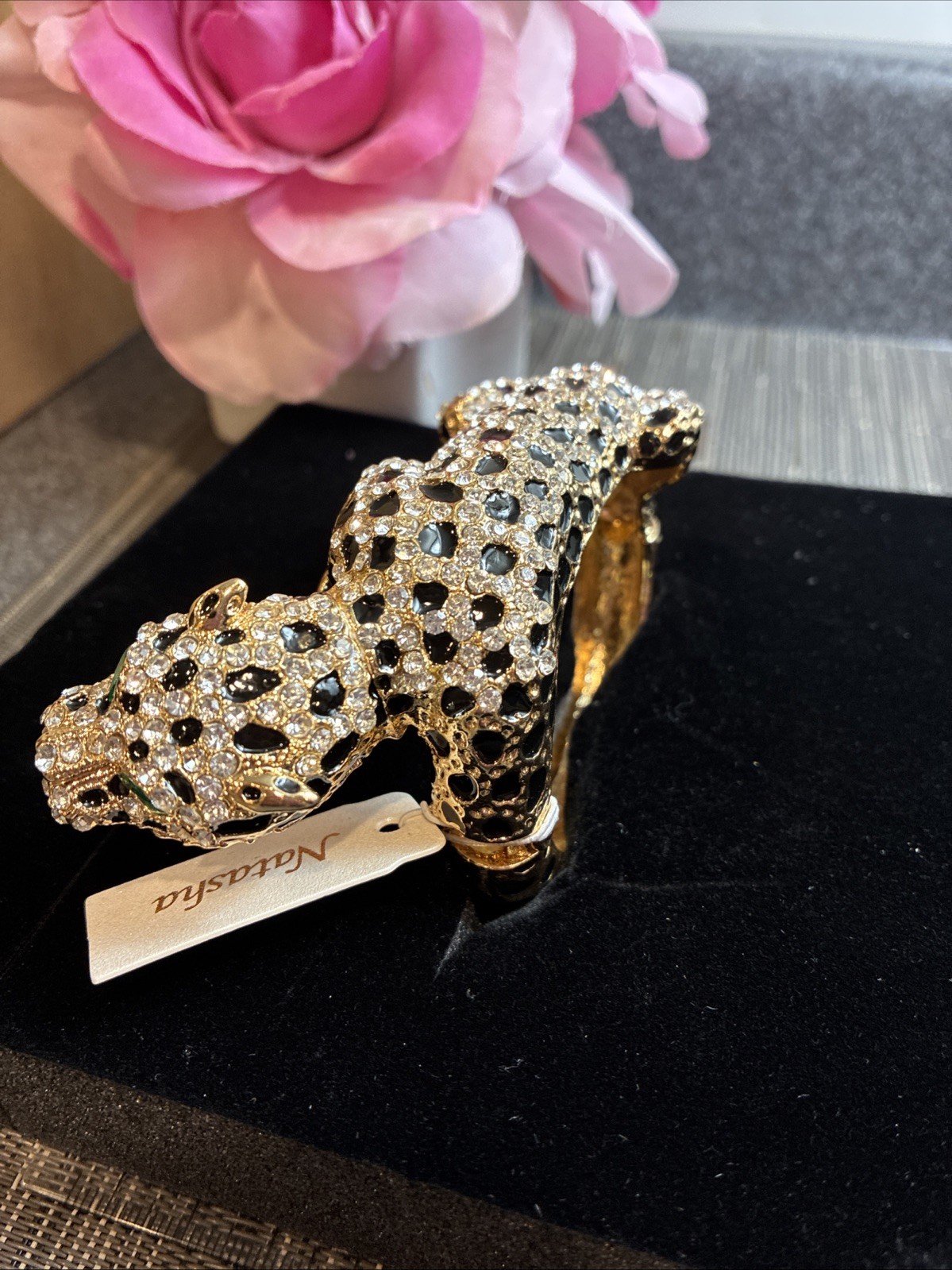 Natasha Gold Leopard Panther Cuff Bracelet Rhinestone, Enamel Green Eyes.
