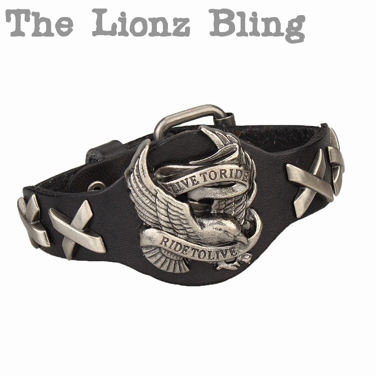 Urban Biker Bracelet Genuine Black Leather with LIVE TO RIDE American Eagle