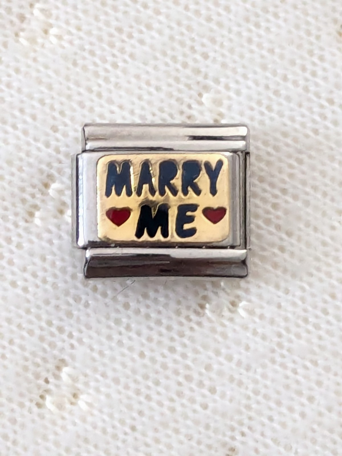 Authentic Puzzle Italian Charm Word Link “Marry Me” Stainless & 18k Gold Z28