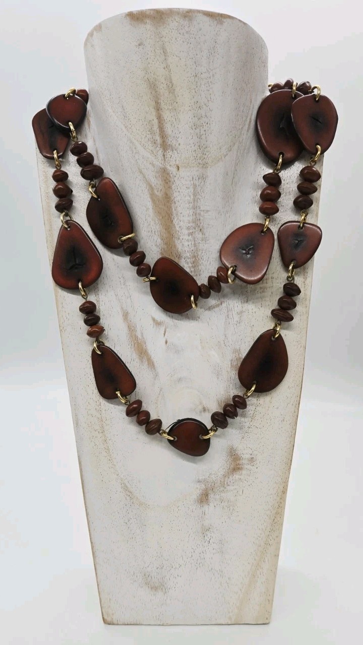 Chunky Tagua Nut Necklace Tan Organic Statement Tribal Boho Vintage 34 in