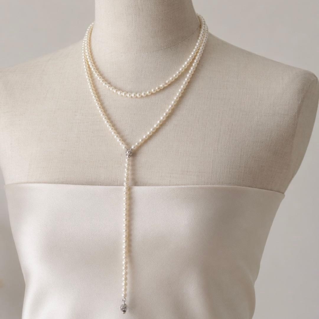 Genuine Pearl Necklace 120cm Long Silver Pearls 5.1-5.5mm From Japan