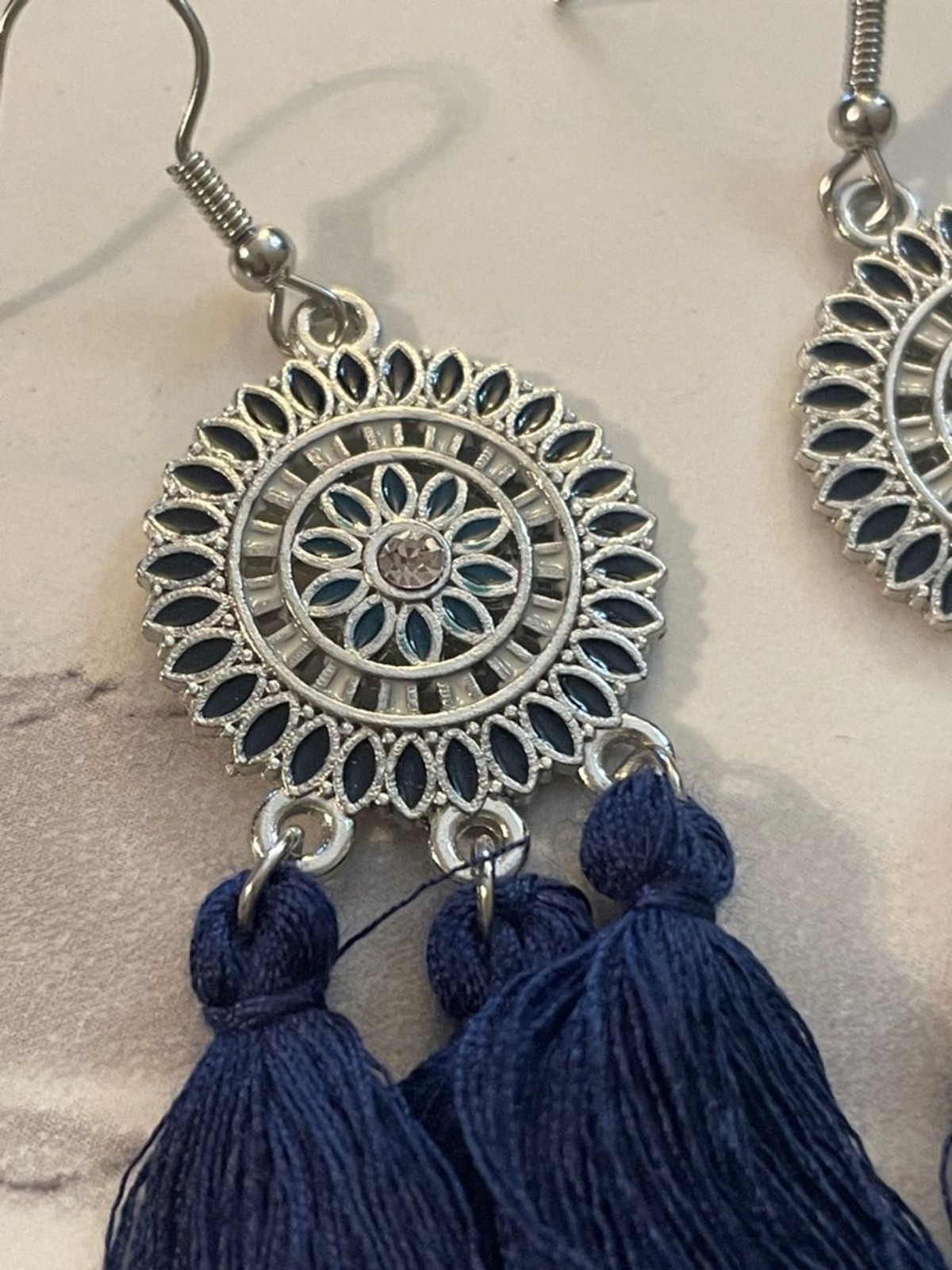 Boho Navy Tassel Drop Earrings with Silver Medallions
