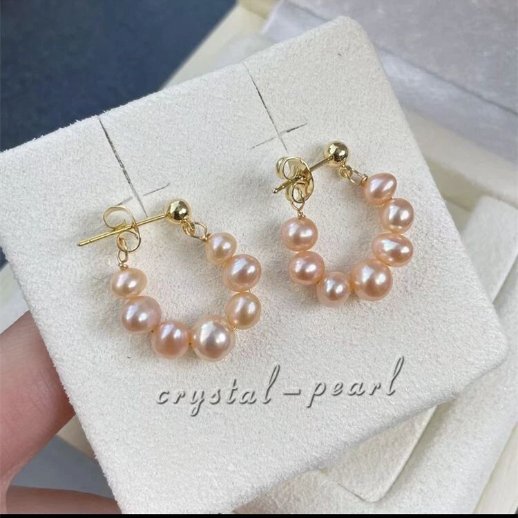 Genuine AAA natural Akoya pink pearl dangle earrings 14k yelllow gold P