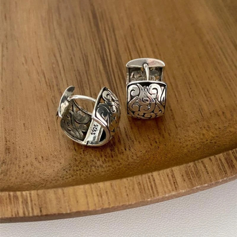Fashion Women’s Earrings Sterling Silver Retro Filigree Oriental Huggie