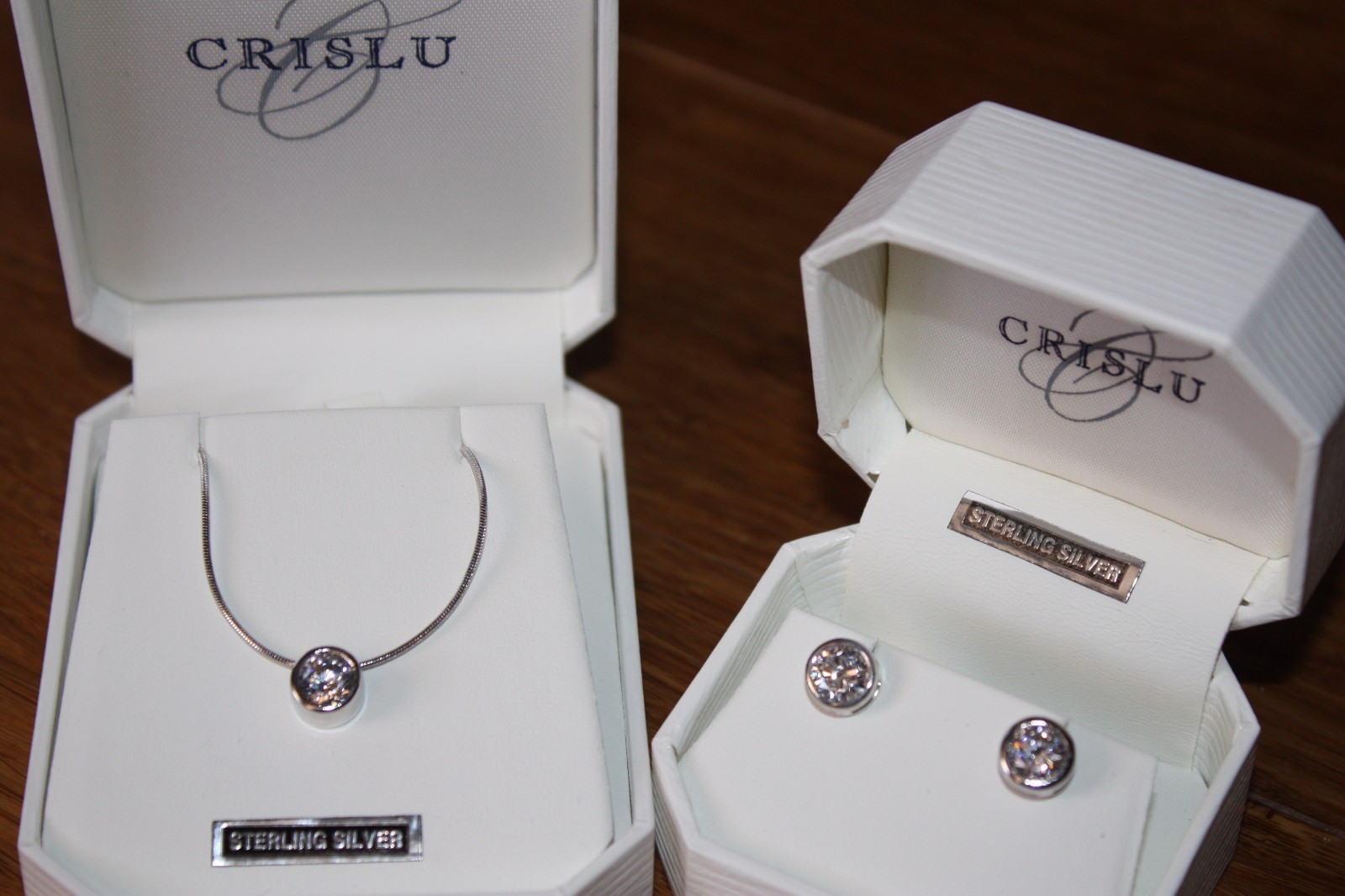 CRISLU EARRINGS & PENDANT CHAIN CZ .925 Sterling Silver Set CLEARANCE