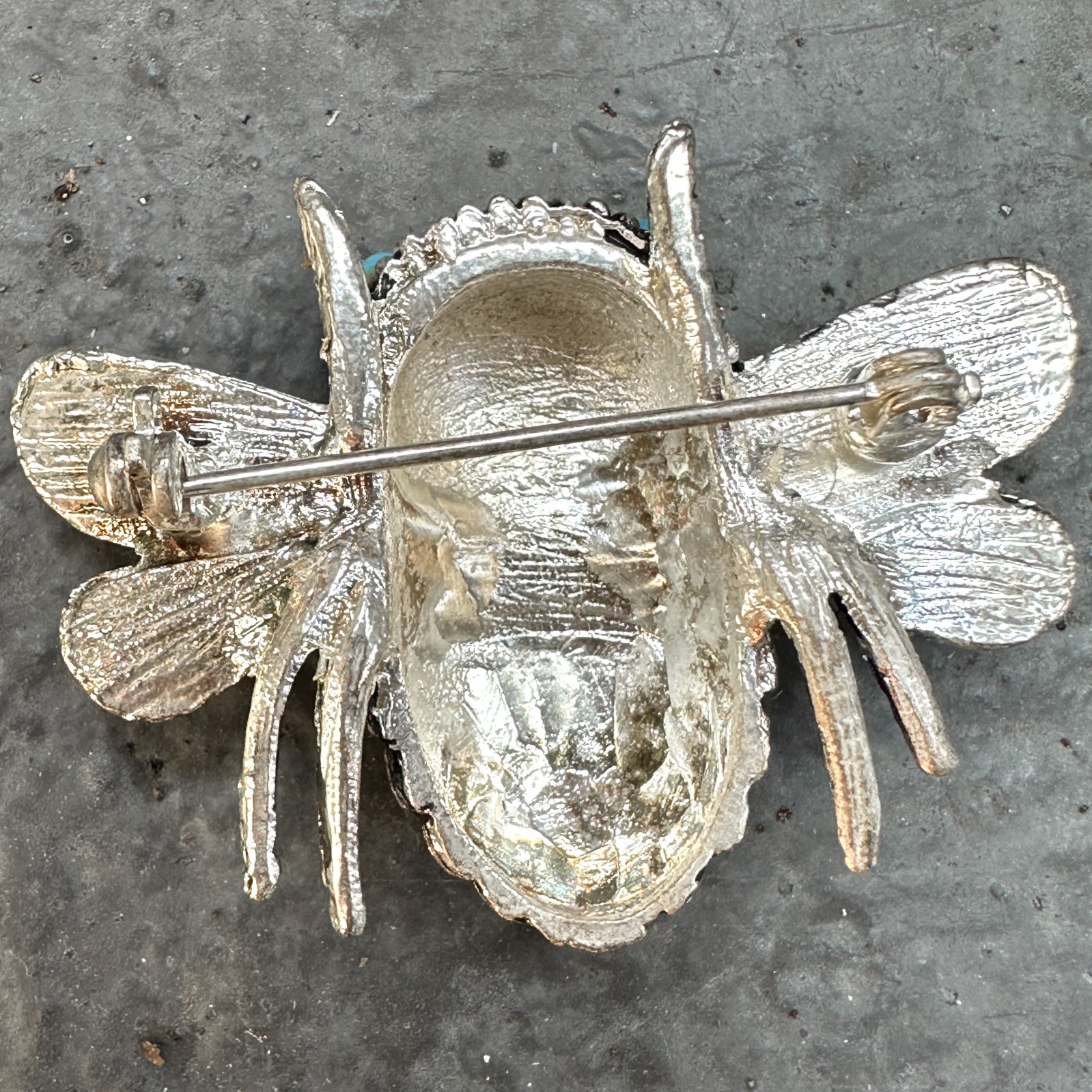 Cute, Pudgy Silvertone Bumblebee Brooch, 1-3/4″ Wide, with Blue Bead Eyes
