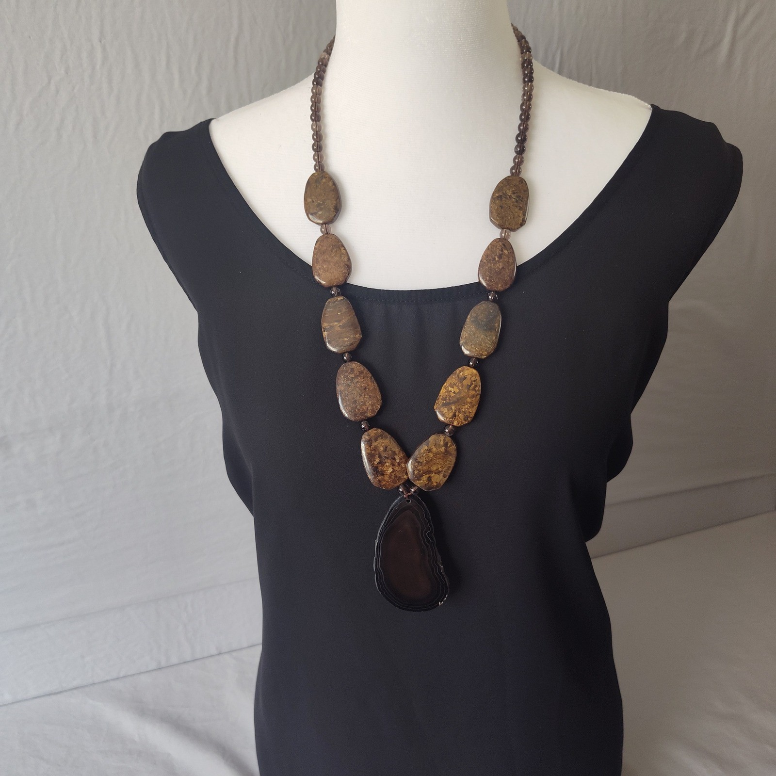 Natural Black Agate Slice & Brown Jasper Beaded Statement Necklace Earthy Brown