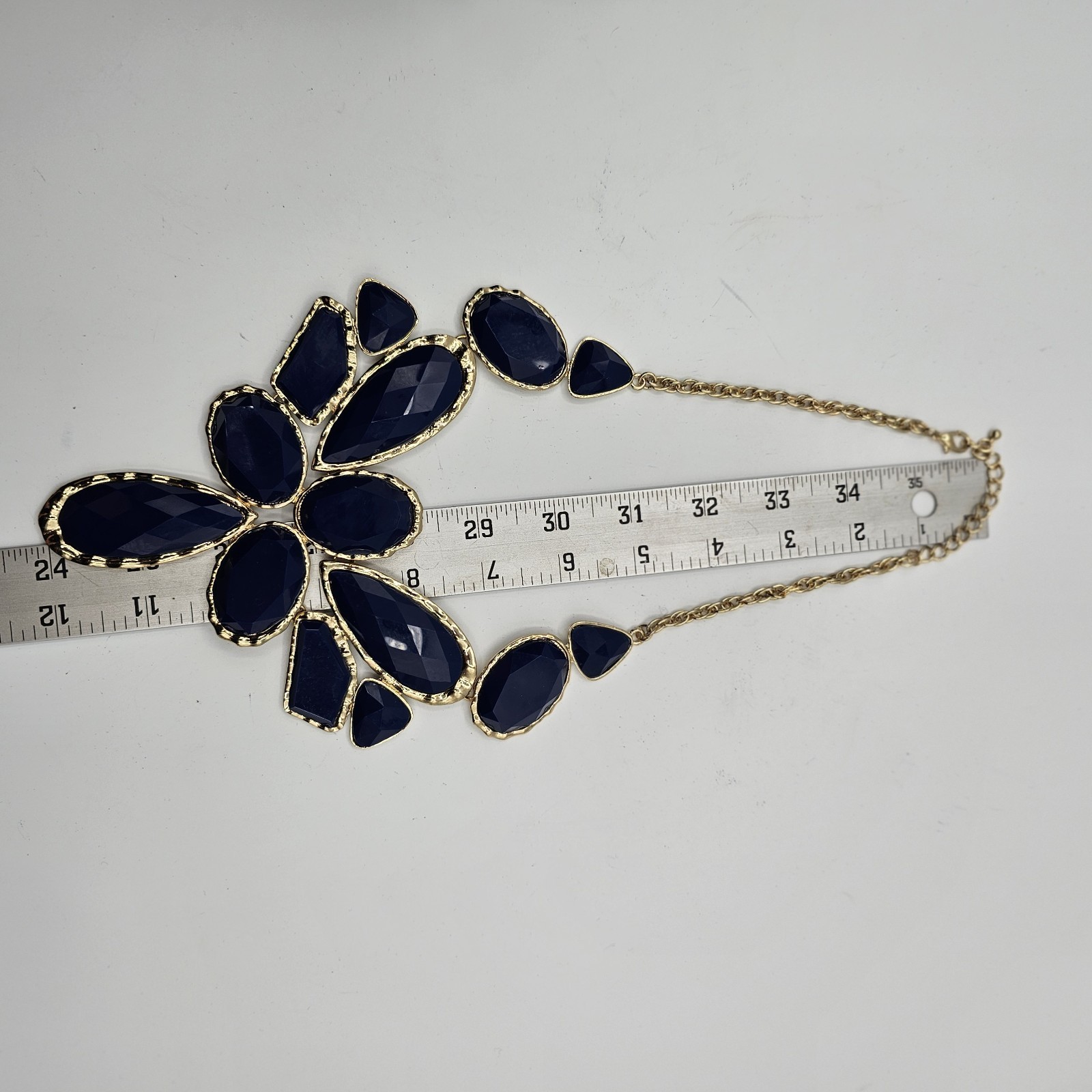 Gold Tone Blue Faceted Floral Statement Necklace Chunky Bib Necklace