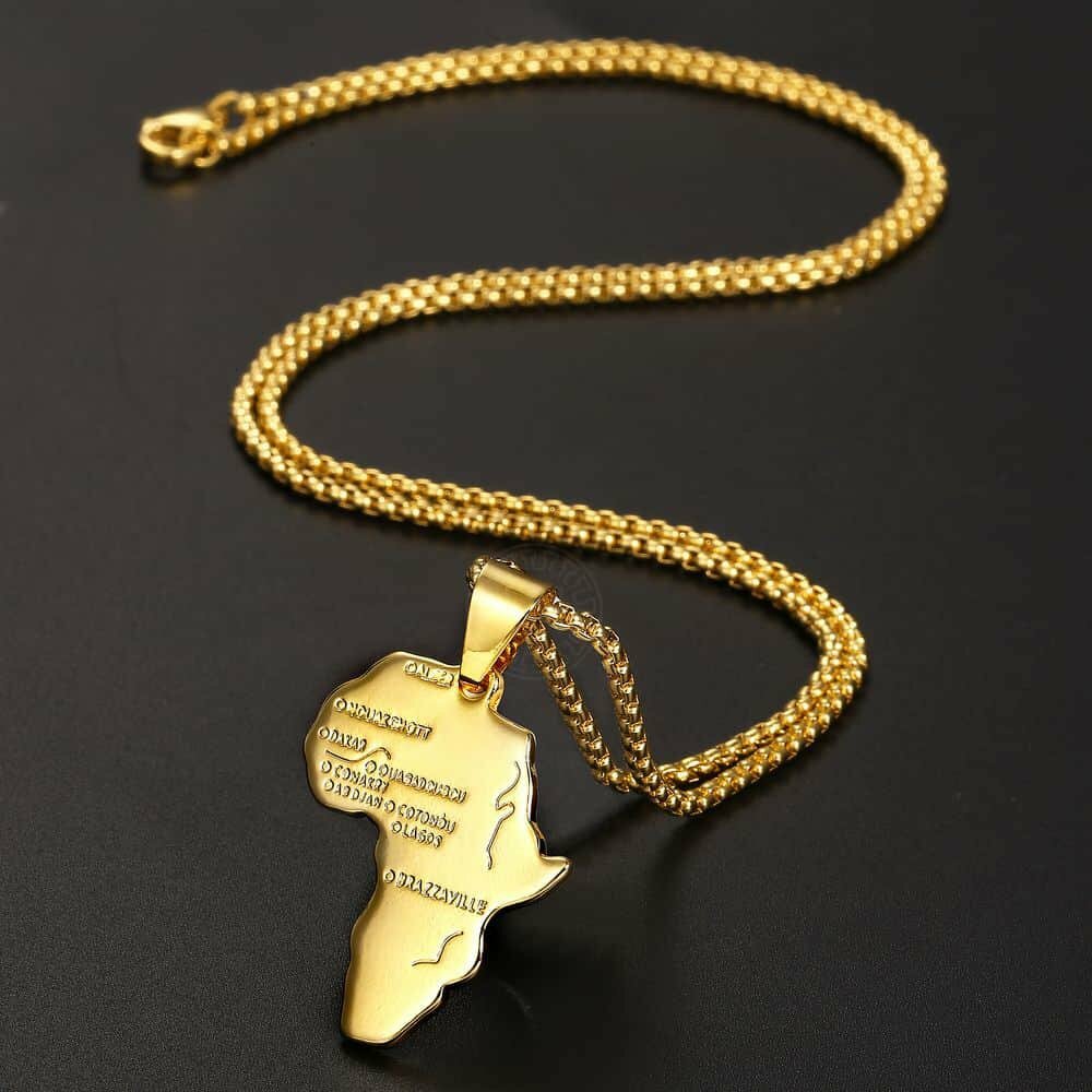2Pcs Stainless Steel Curb Chains Gold Plated Africa Map Pendant Necklaces 20+22″