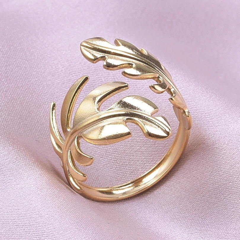2PCS Stainless Steel Ring Leaf Water Droplet Adjustable Gold Plated Jewelry