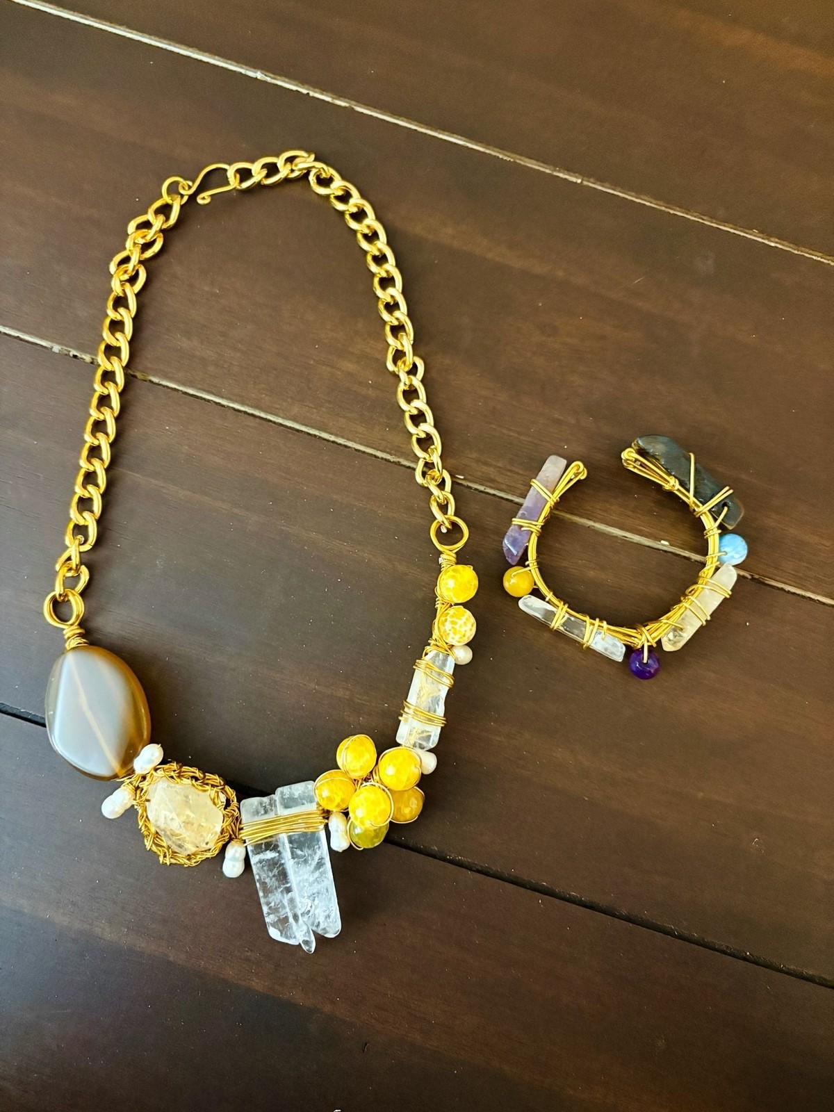 Real Gemstones Statement Necklace and Matching Wire-Wrapped Cuff Bracelet Set