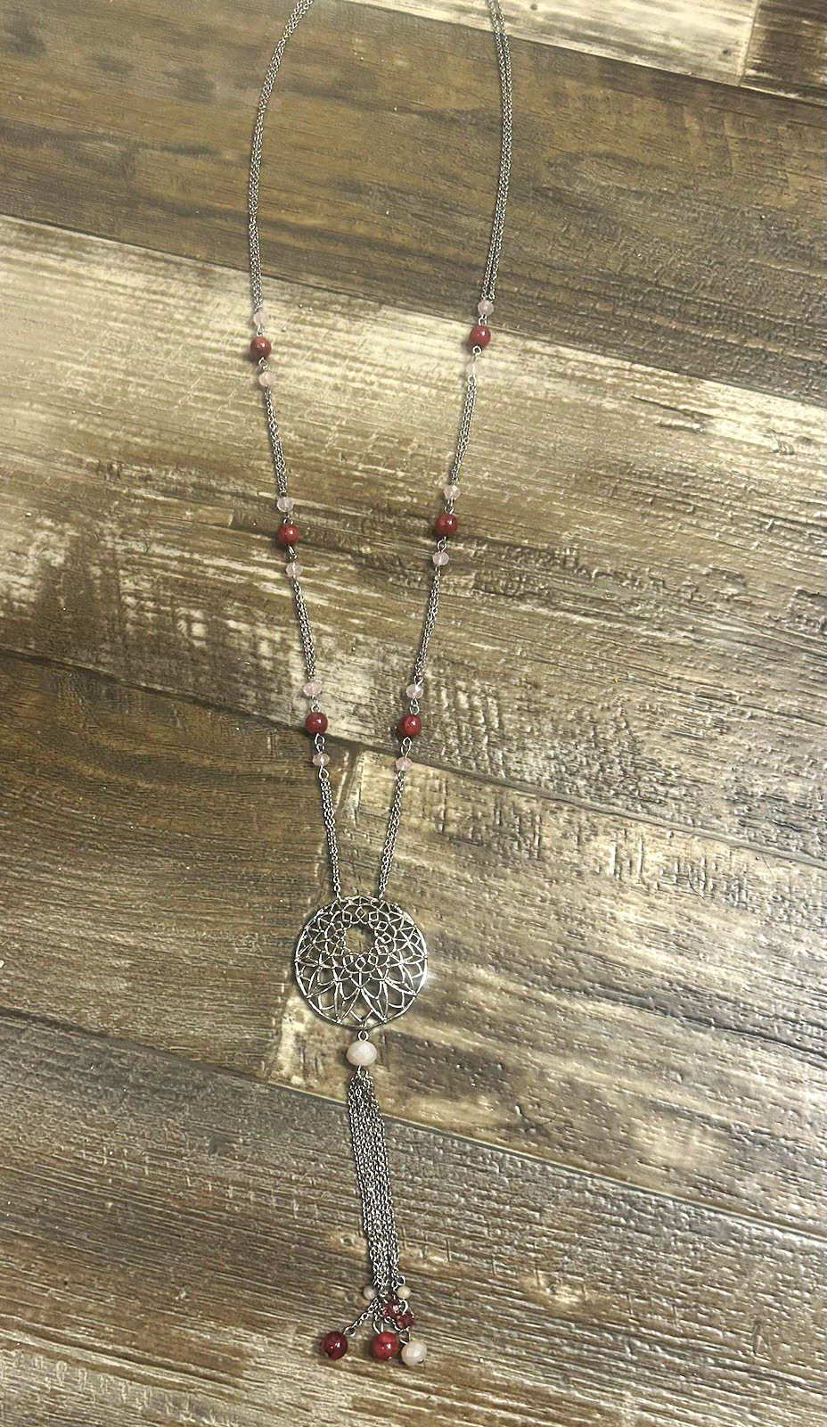 Silver Tone Round Filigree Tassel Pendant Cable Chain Necklace Pink White Beads