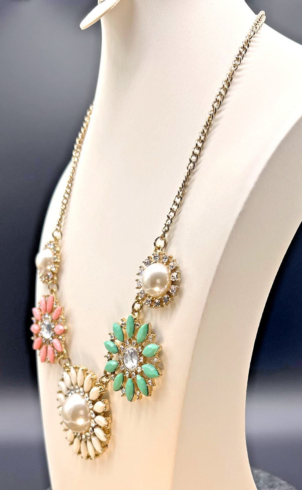 Bold Floral Bib Statement Necklace Pink Mint White Cream Pearl Rhinestones