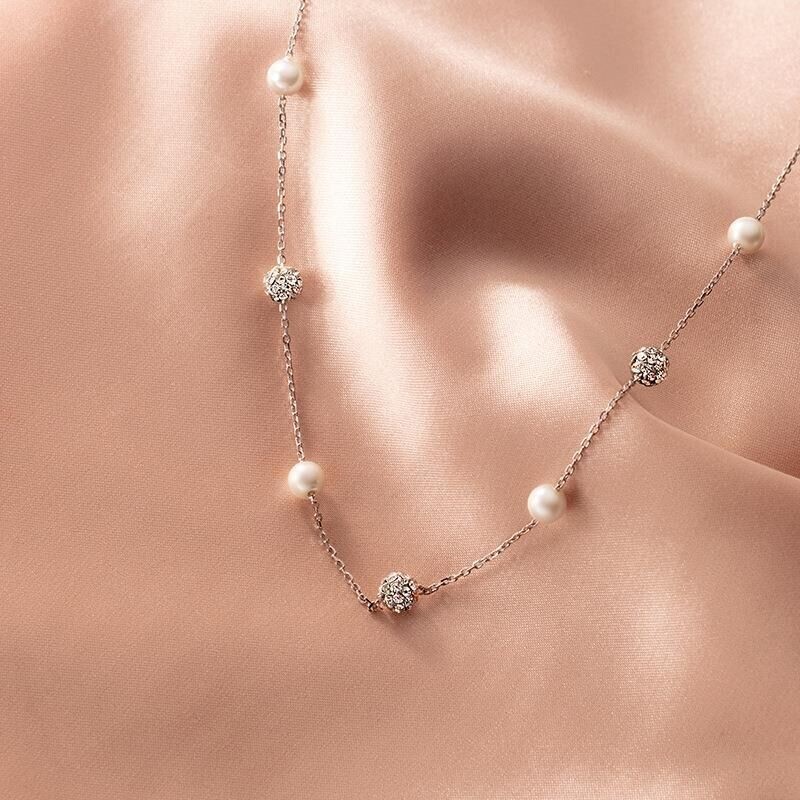 Woman Real S925 Sterling Silver Starry CZ Pearl Necklace Chain
