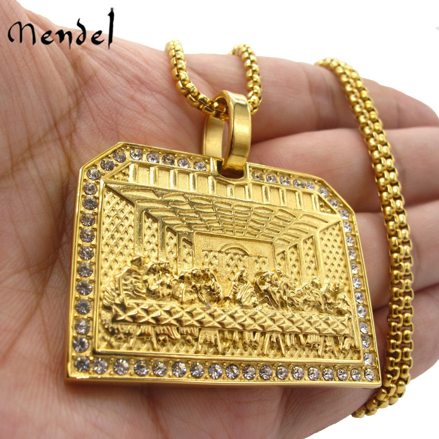 MENDEL Mens Stainless Steel Gold Plated Hip Hop Jesus Pendant Necklace Jewelry