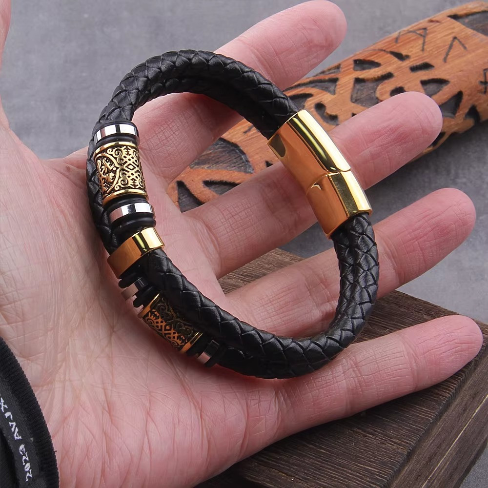 Viking Leather Bracelet Norse Runes Stainless Steel Braided Cuff