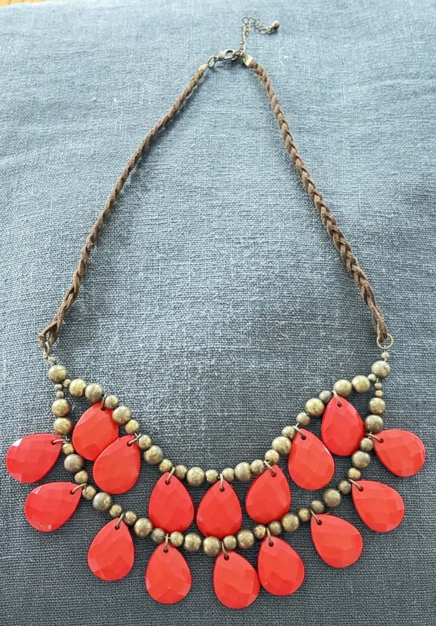 Orange Teardrop Beaded Statement Bib Necklace, Gold Tone Chain
