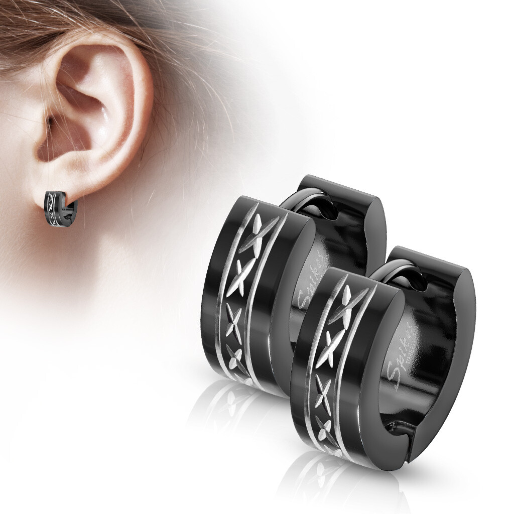 Stainless Steel Small Dome Hinged Hoop Earrings Pair 20GA Dia-Cut Grooved Center