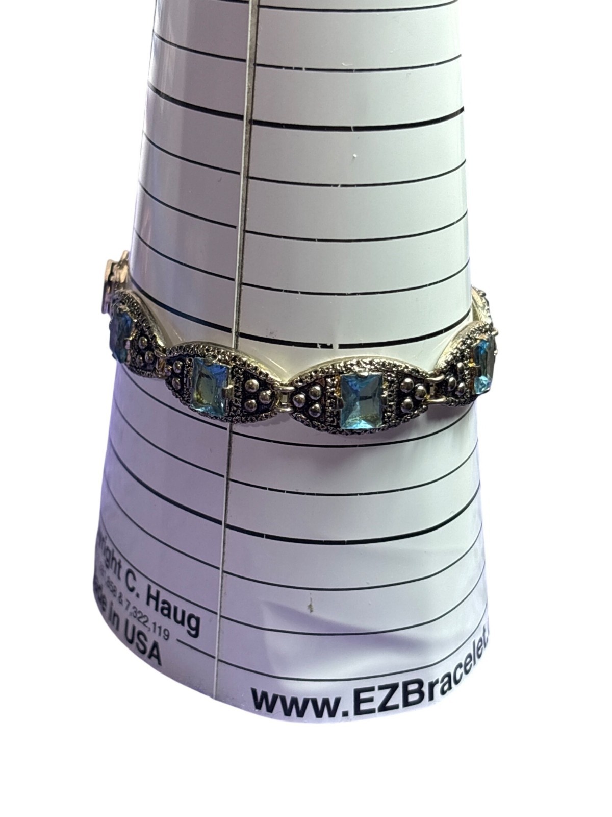 Blue Square Glass Rhinestone Silvertone Bracelet Fold Over Clasp 7.25 inches