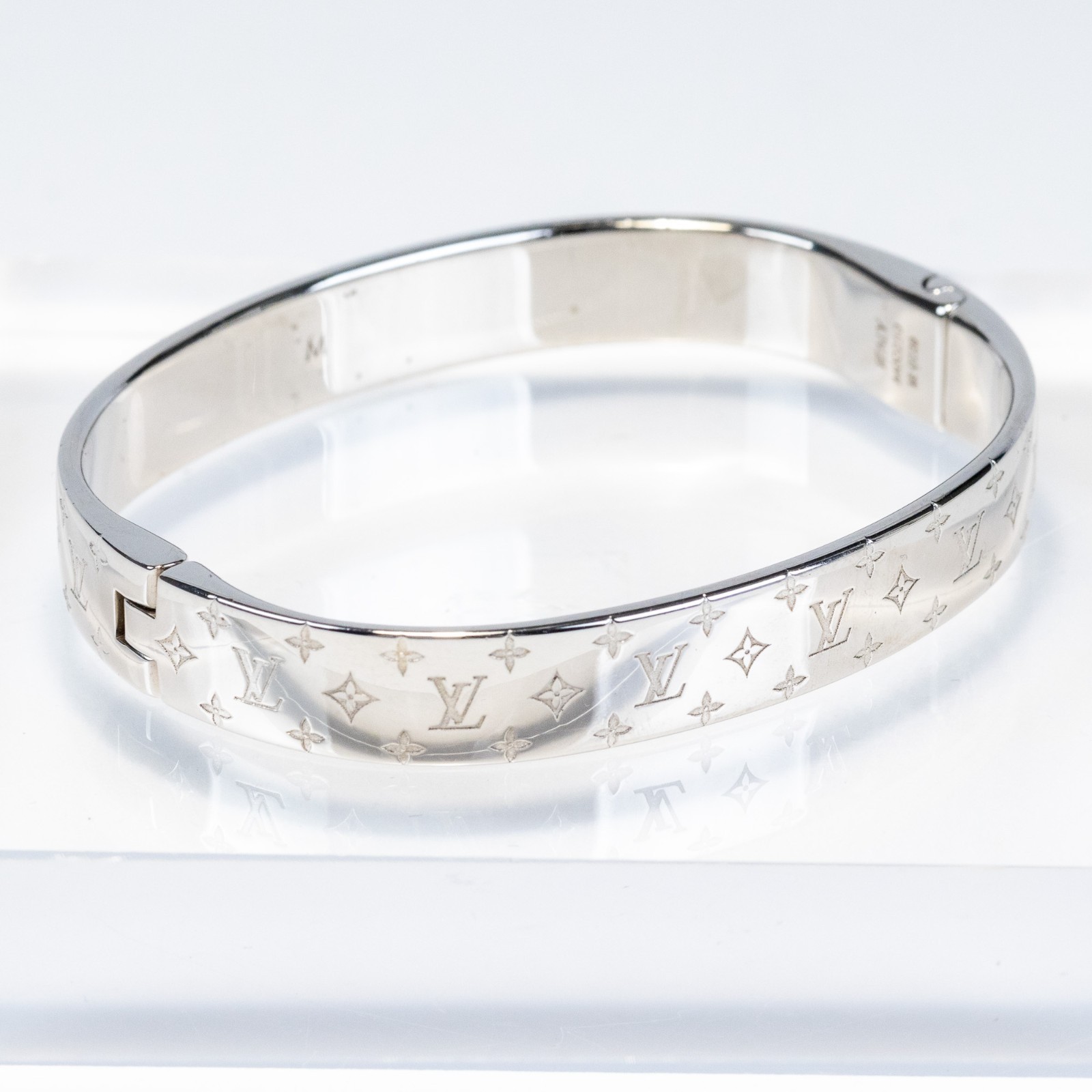 Louis Vuitton LV Nanogram Cuff Bracelet M00250 Bangle Silver Tone Size M