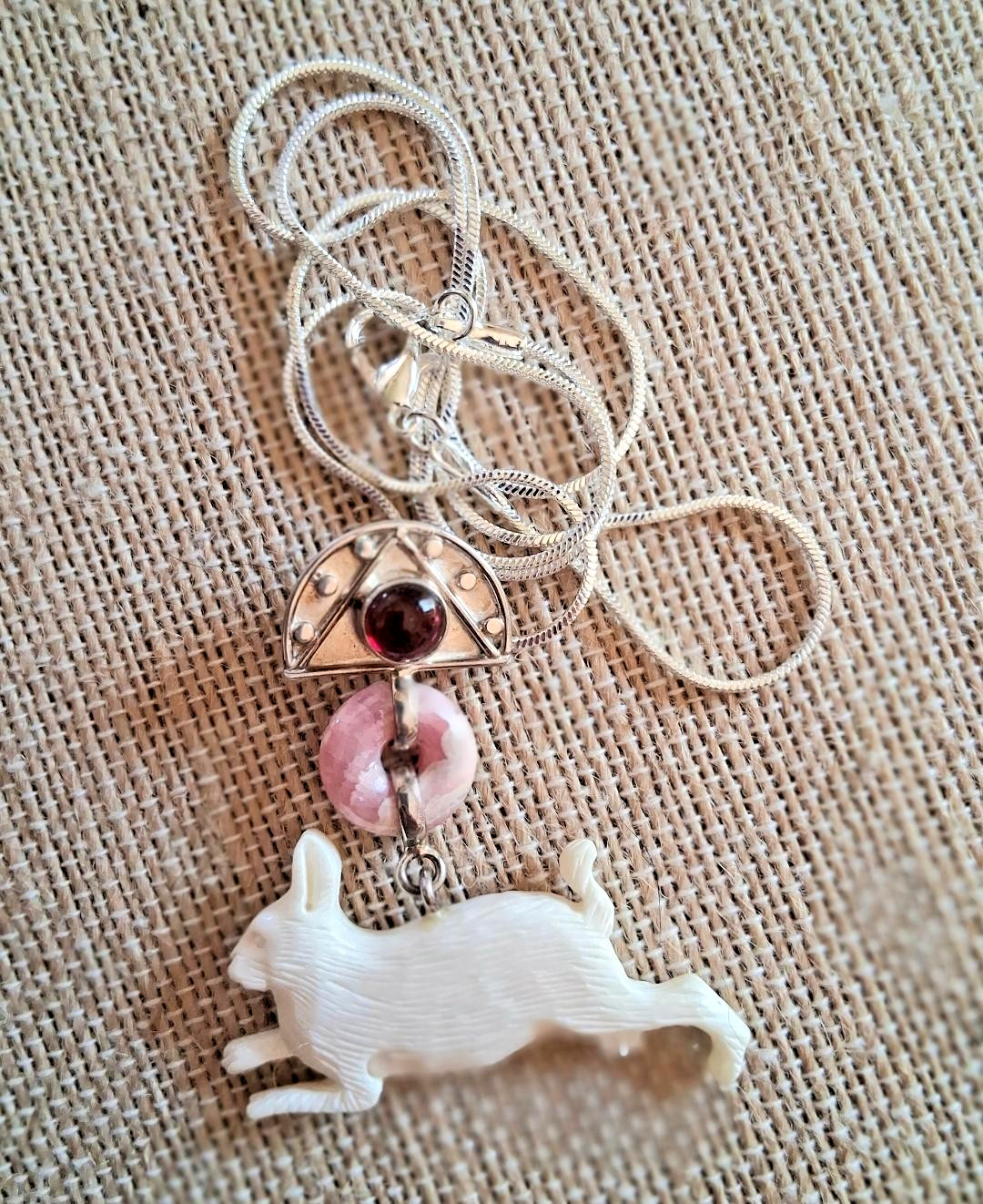 Rhodolite Garnet & Rhodochrosite Pendant w/Carved Rabbit OOAK!