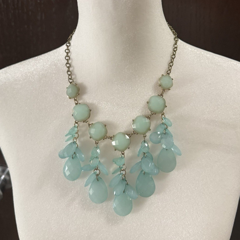 Blue Teardrop Glass Bead Bib Statement Necklace Silver Tone Cable Chain