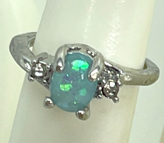 Ring Silver Tone Blue/Green Lab Opal w/Clear Crystal Side Accents Size 5