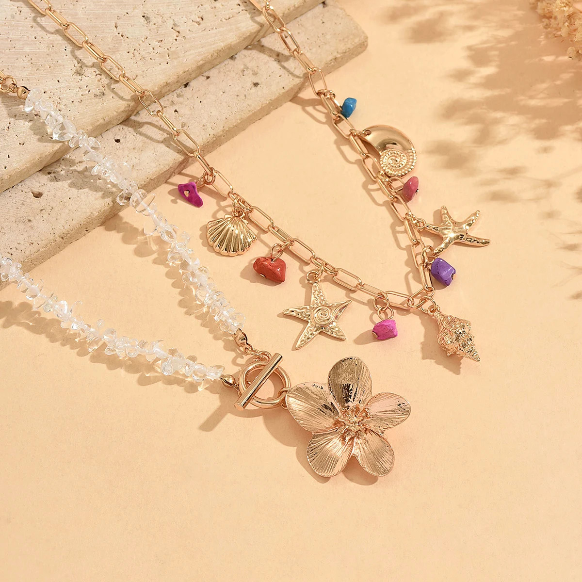 Summer Beach Boho Necklace Starfish Shell Pendant Layered OT Buckle Choker for W