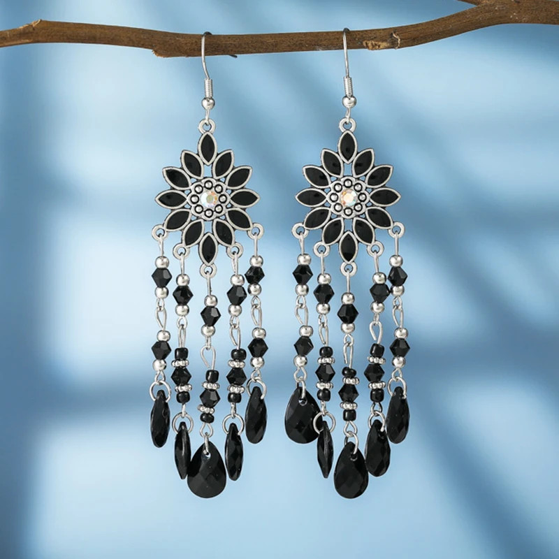 Bohemian Vacation Style Water Drop Tassel Earrings for Women Vintage Long Drop