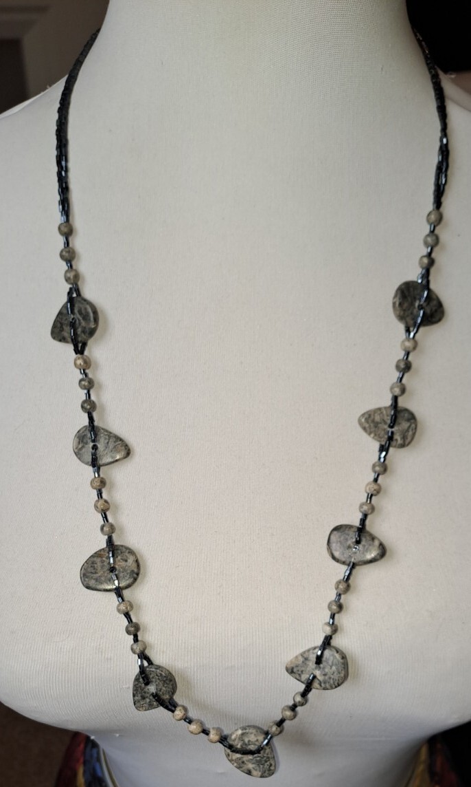 Healing VINTAGE Long Necklace Picasso Stone (Marble)/Seed Bead Lobster Clasp.