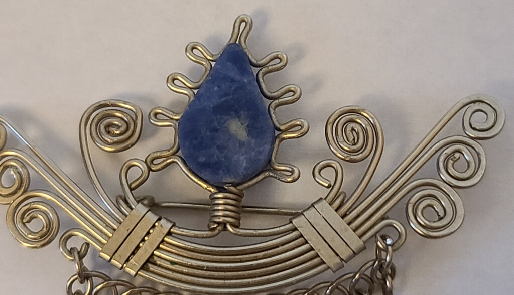 Egyptian style silver wire wrapped brooch pin and earrings w/ blue center stone