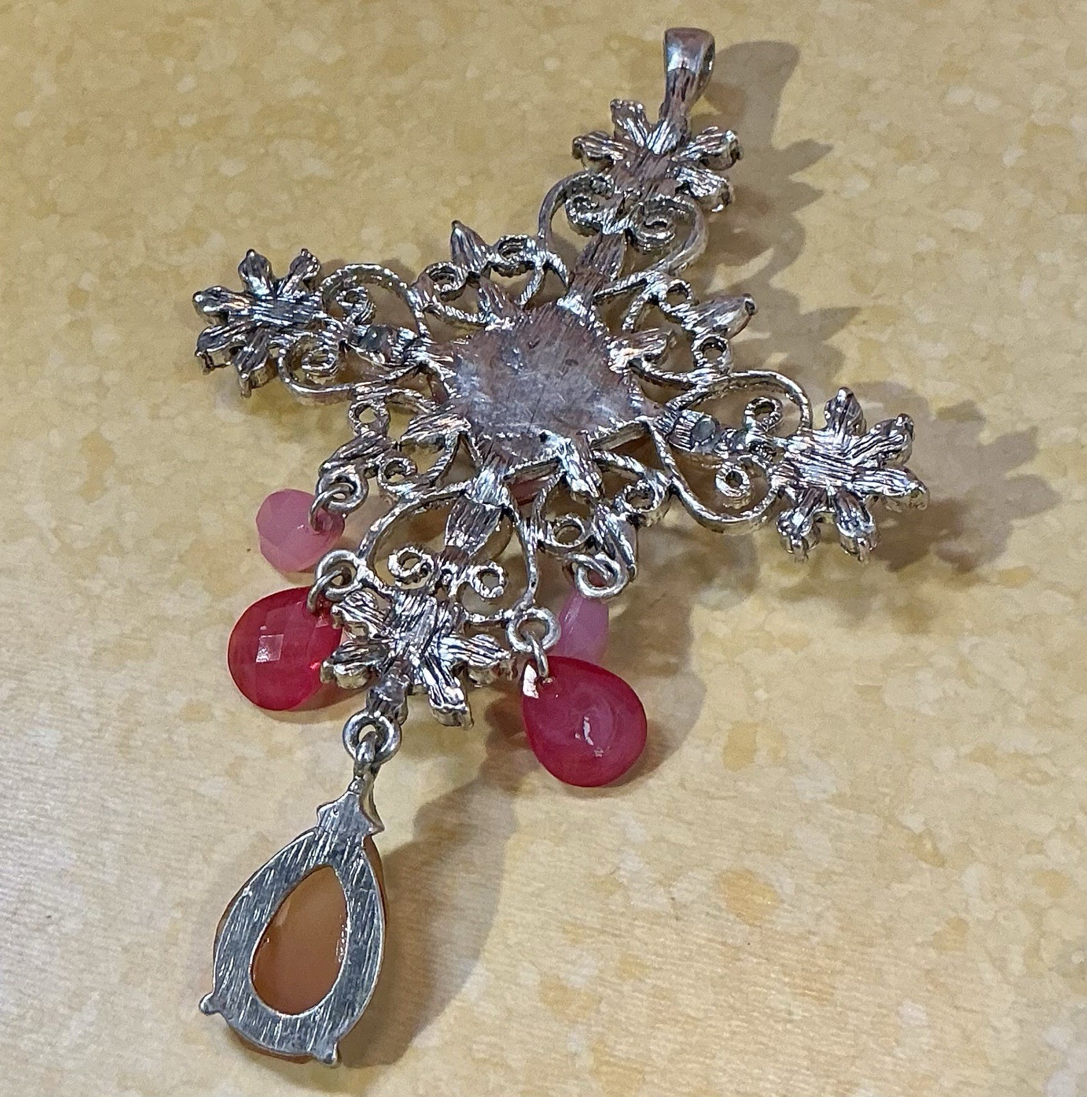 Edwardian Inspired Christian Cross Pendant & Earrings Pinks Orange Summer GOTH