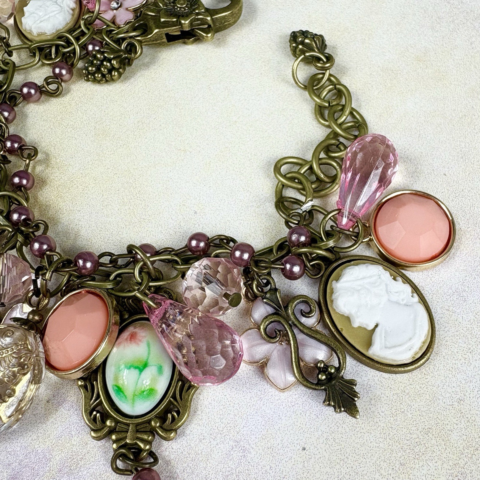 Vintage Style Charm Bracelet Cameo Pink Brass Chain