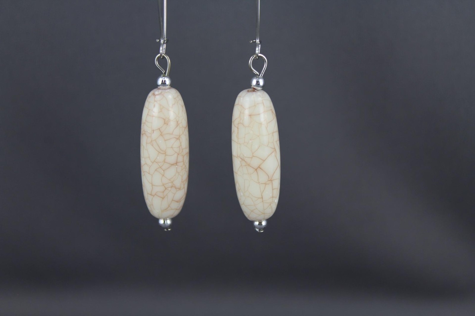 Cream Silver oval bead dangle earrings kidney wire dangly oblong beads