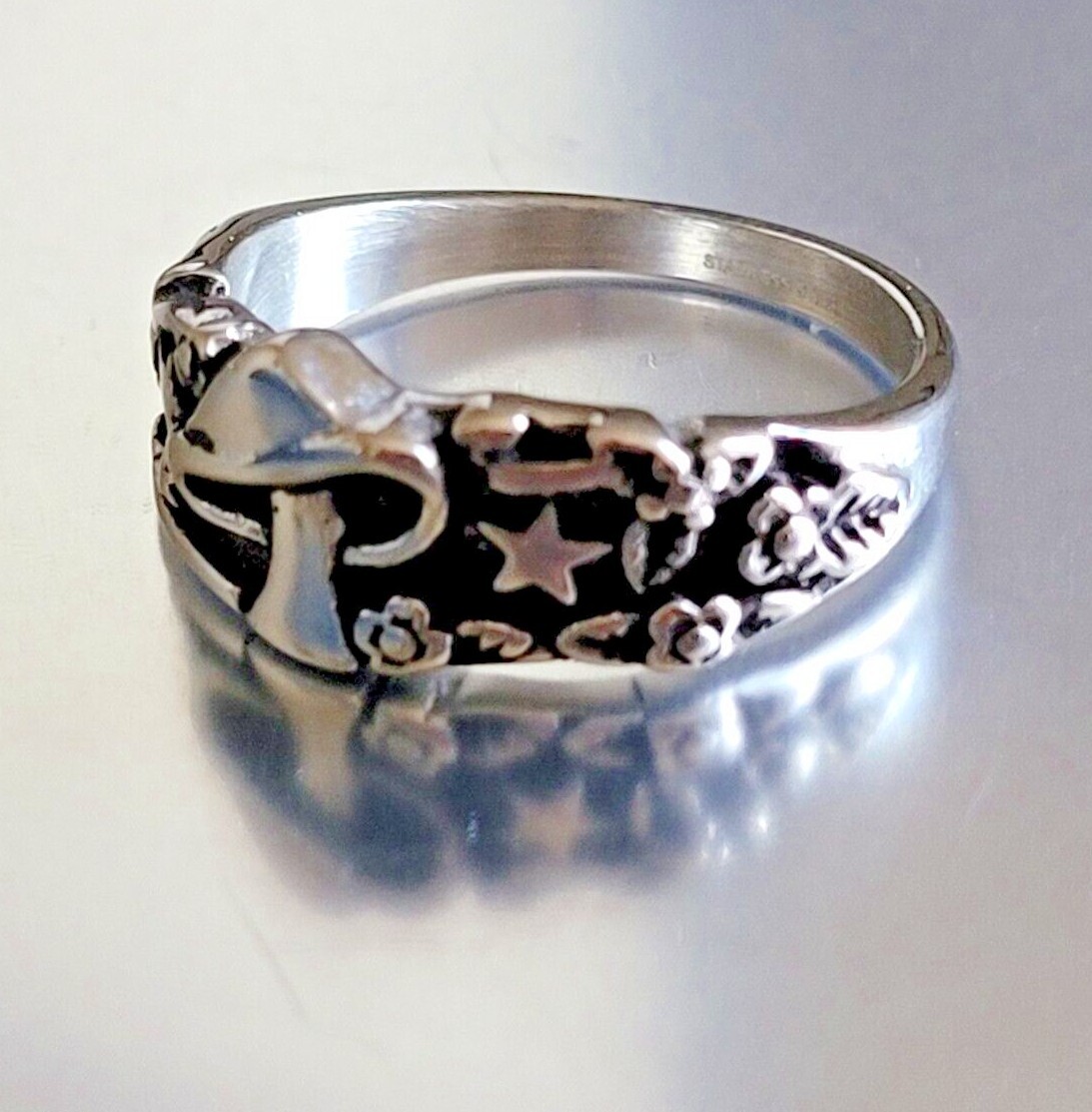 Stainless Steel Celestial Mushroom Ring Silver Finish Mushroom & Star Band Ring
