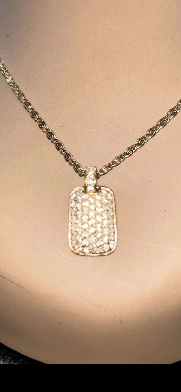 Dog Tag Gold Plated Pendant With Chain, All CZ Stones In Tact. Lot of Sparkle