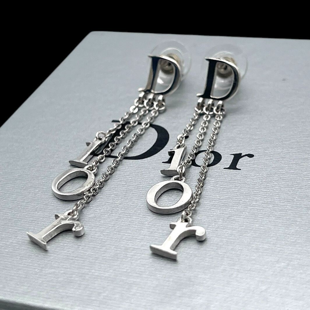 Christian Dior Silver Logo Dangle Chain Earrings Vintage Boxed Condition