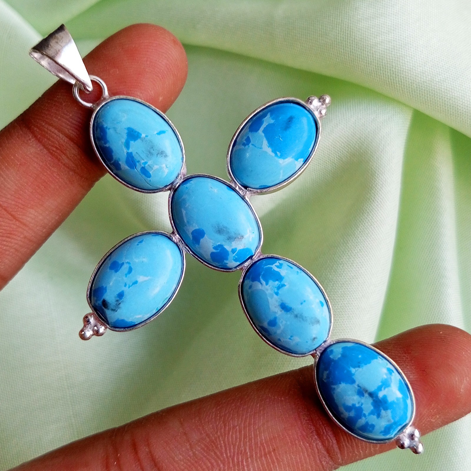 Healing Larimar Gemstone 925 Sterling Silver Plated Cross Pendant Jewelry