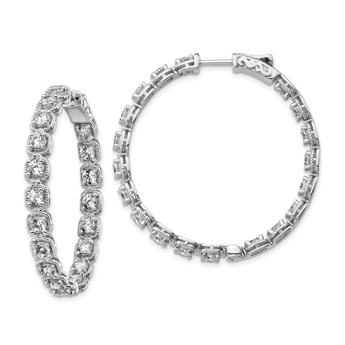 36mm Sterling Silver Rhodium Plated CZ In and Out Hoop Earrings