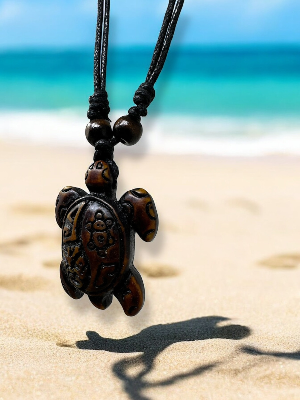 Handmade Turtle Pendant Necklace – Rasta (Hand-Painted), White, Brown – Taino