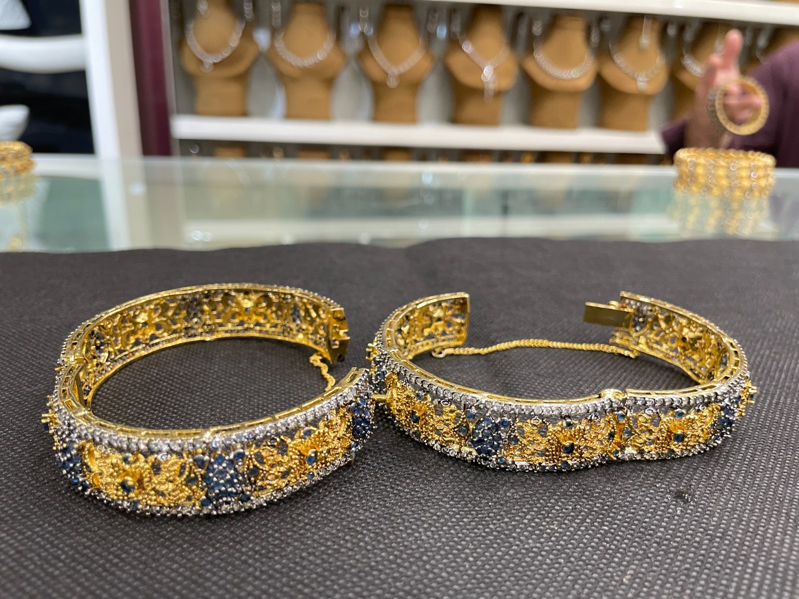 2 Pc Adjustable Gold Oxidized Blue Stone Bangles Pakistani Bridal Jewelry