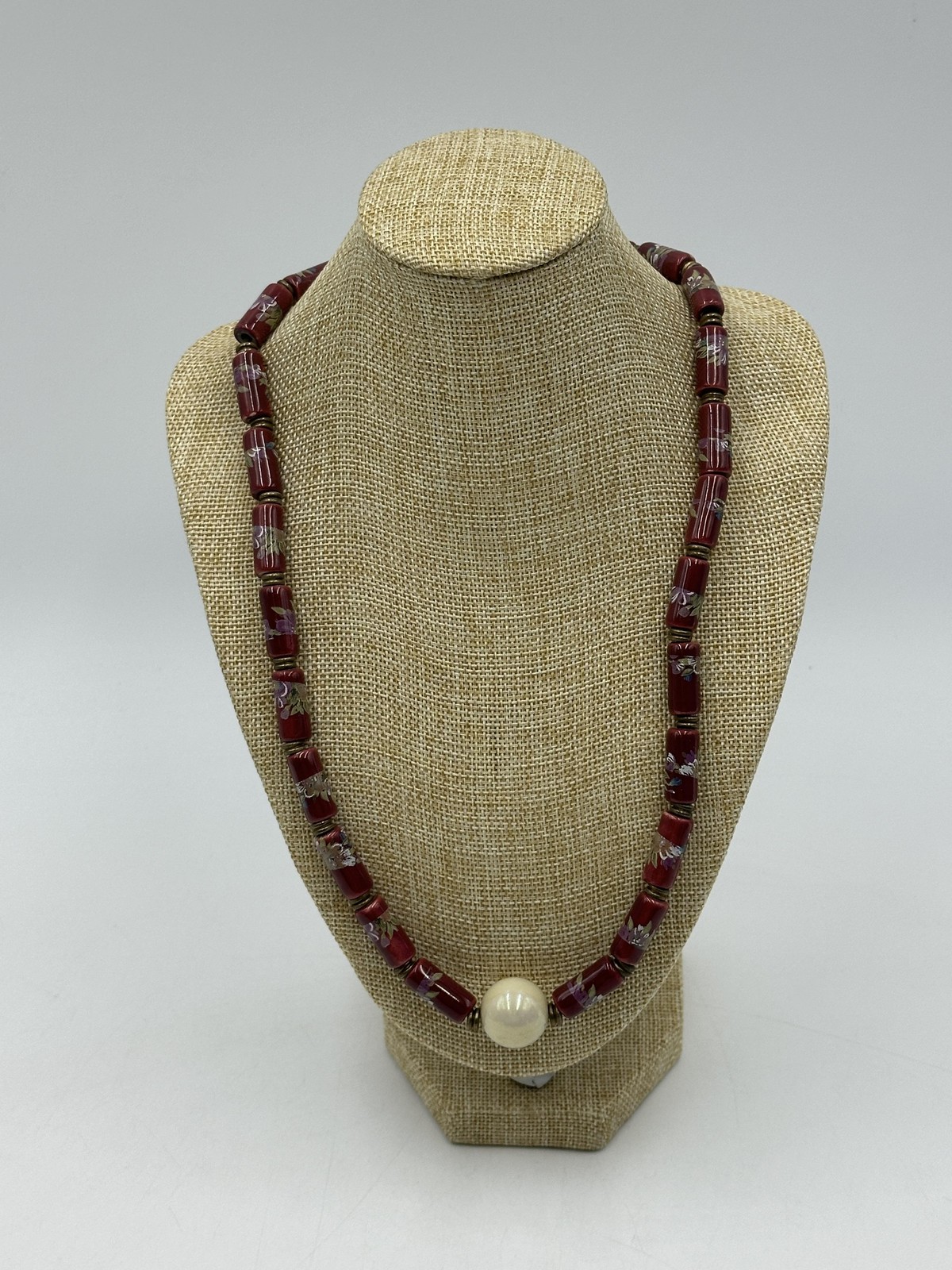 Red Floral Tube Bead Necklace Large White Center Bead Lobster Clasp Jewelry