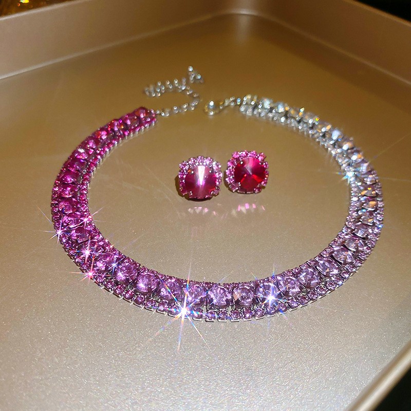 Multi-Color Crystal Rhinestone Necklace Earrings Wedding Party Jewelry Set