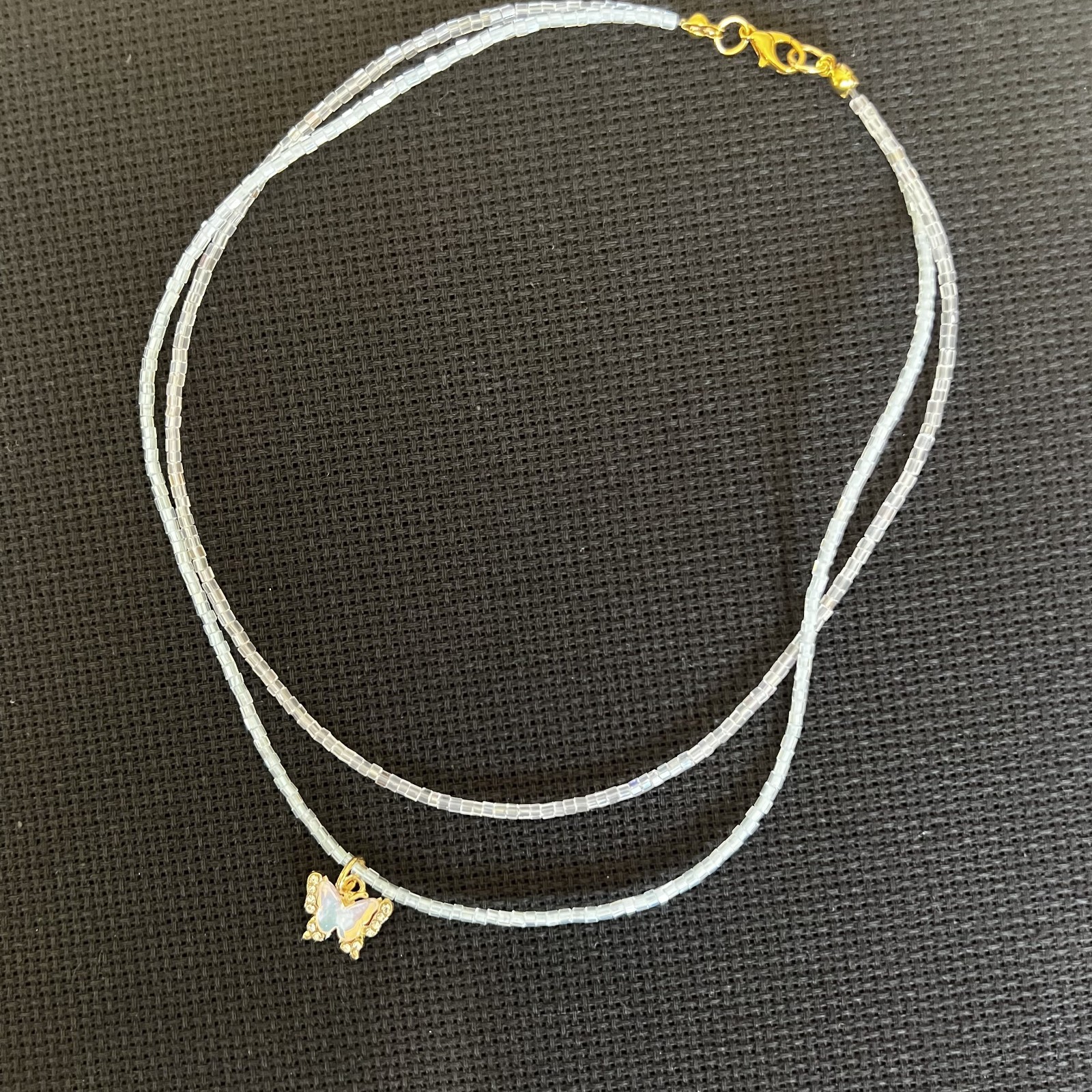 Handmade clear cube bead layered necklace choker gold tone rhinestone butterfly