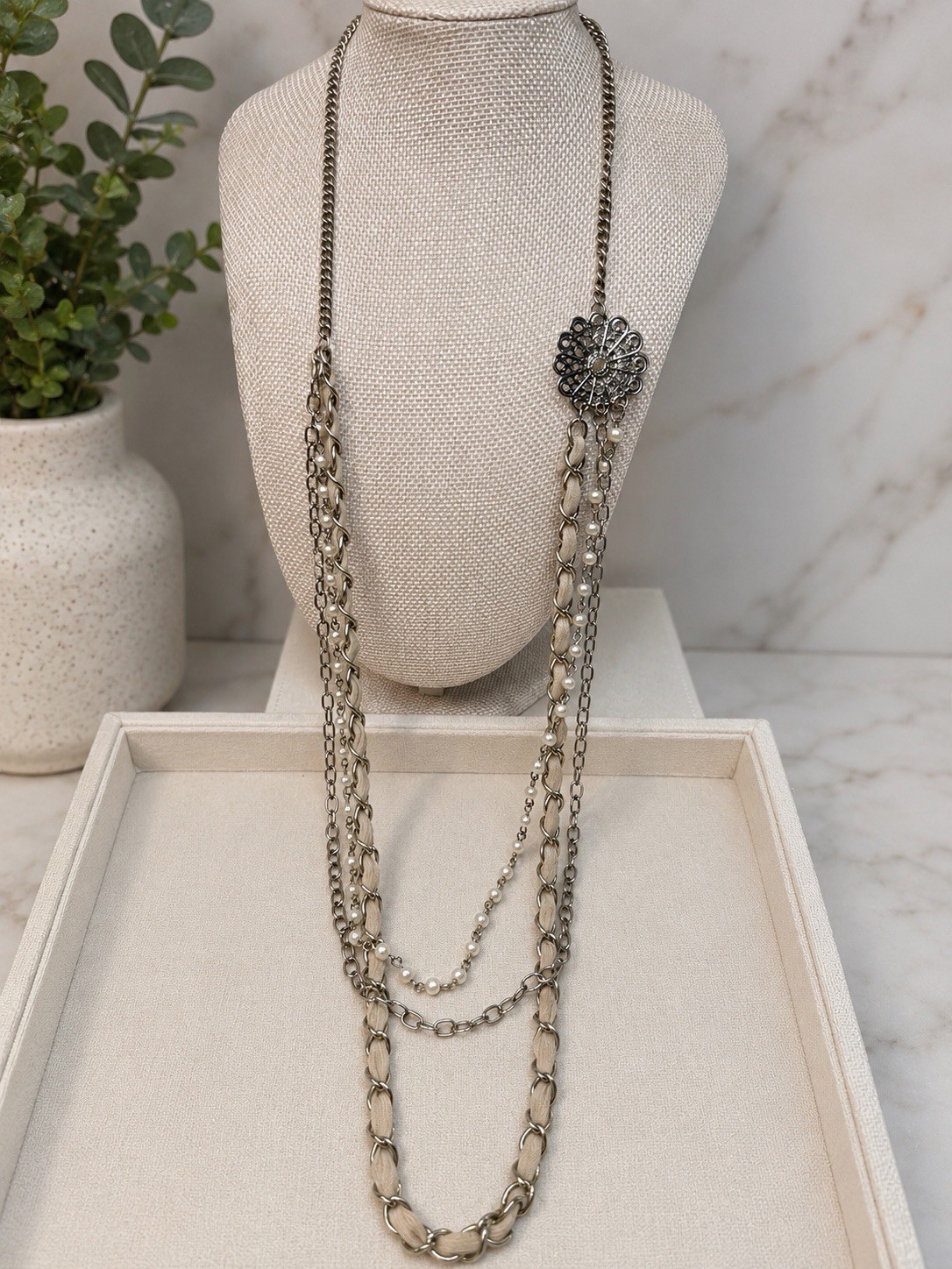 Silver Tone Layered Cable Chain Necklace Round Charm Pendant 36+ in Metal