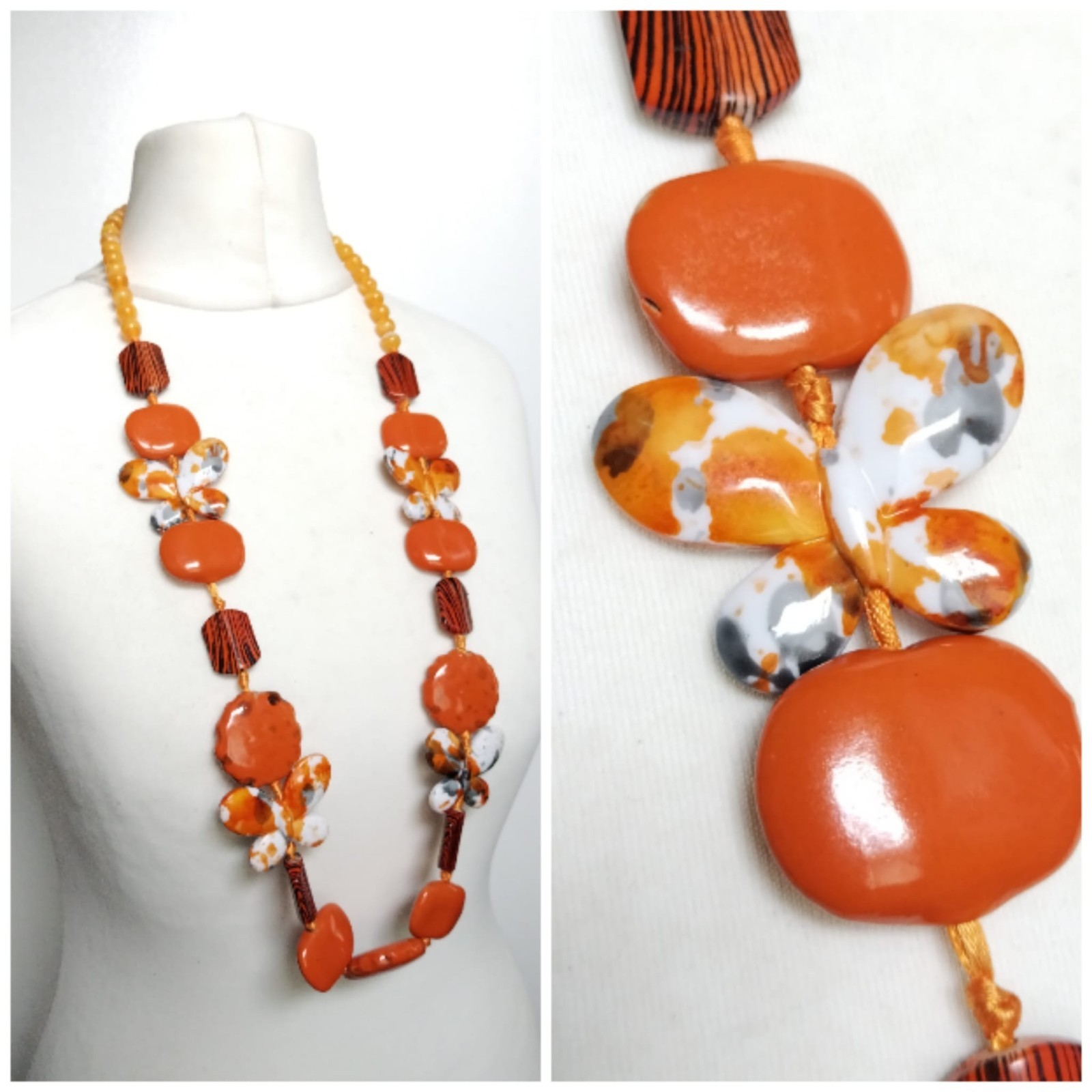 Long Orange White Ceramic Butterfly Mixed Shapes Beaded Statement Necklace